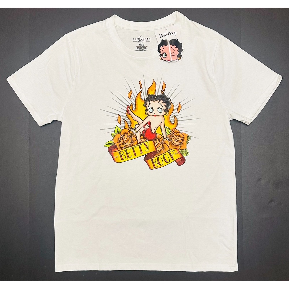 Betty Boop Fleischer Studios Graphic White Tattoo Rose Flame Shirt Mens M NEW